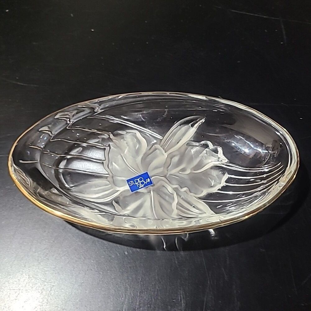 Vtg Studio Nova Crystal Frosted Orchid Flower Oval Open Candy Dish Gold Trim 7"L
